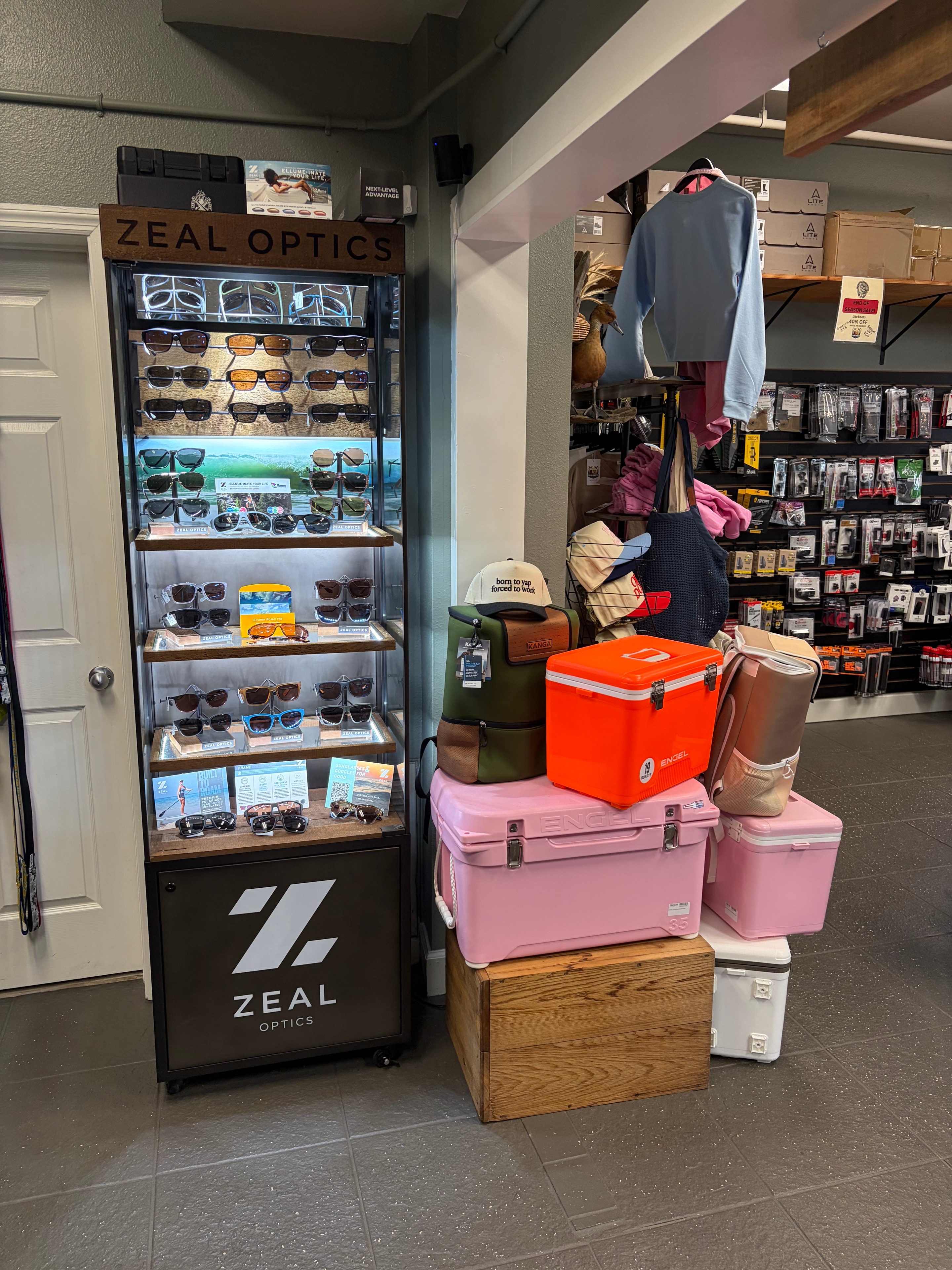 Zeal Optics sunglasses display and Engel coolers at Crum and Co. Outdoors