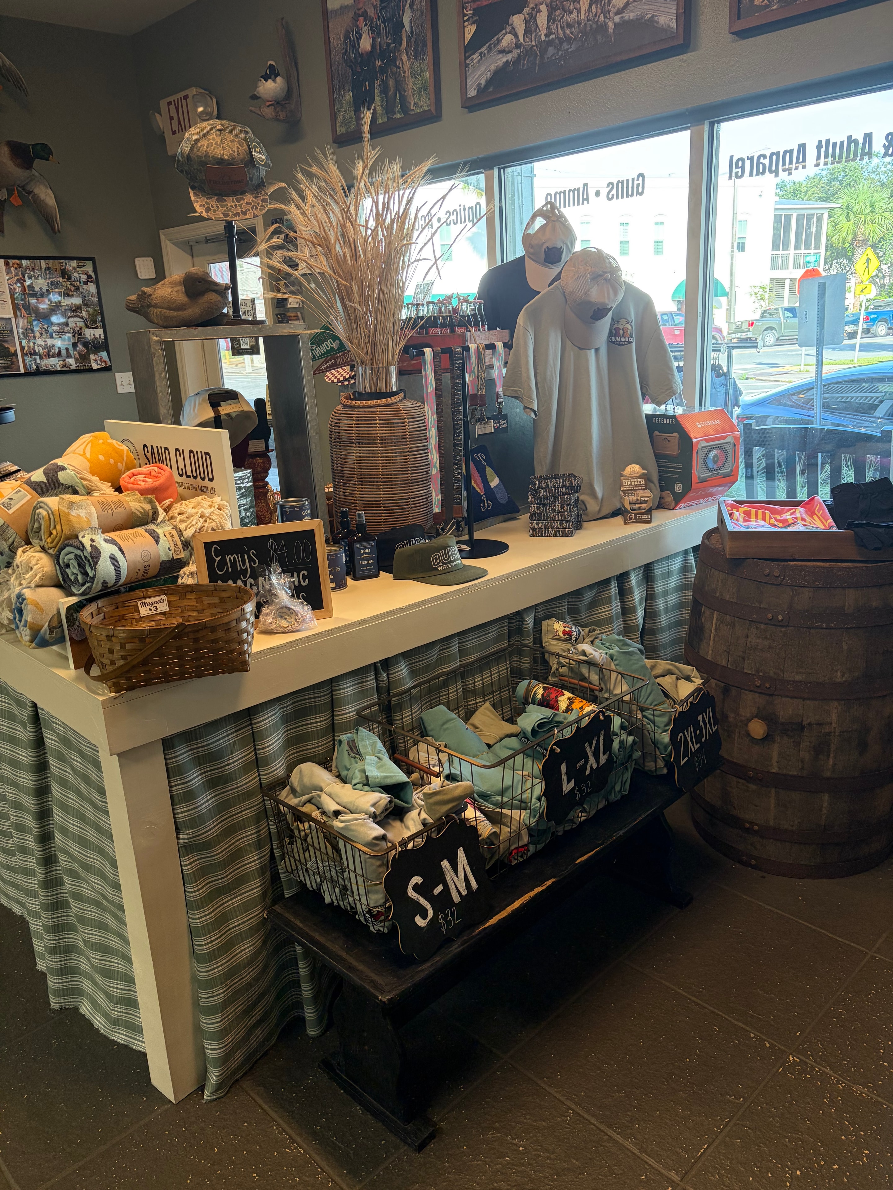 Store front display with apparel, gifts and outdoor merchandise