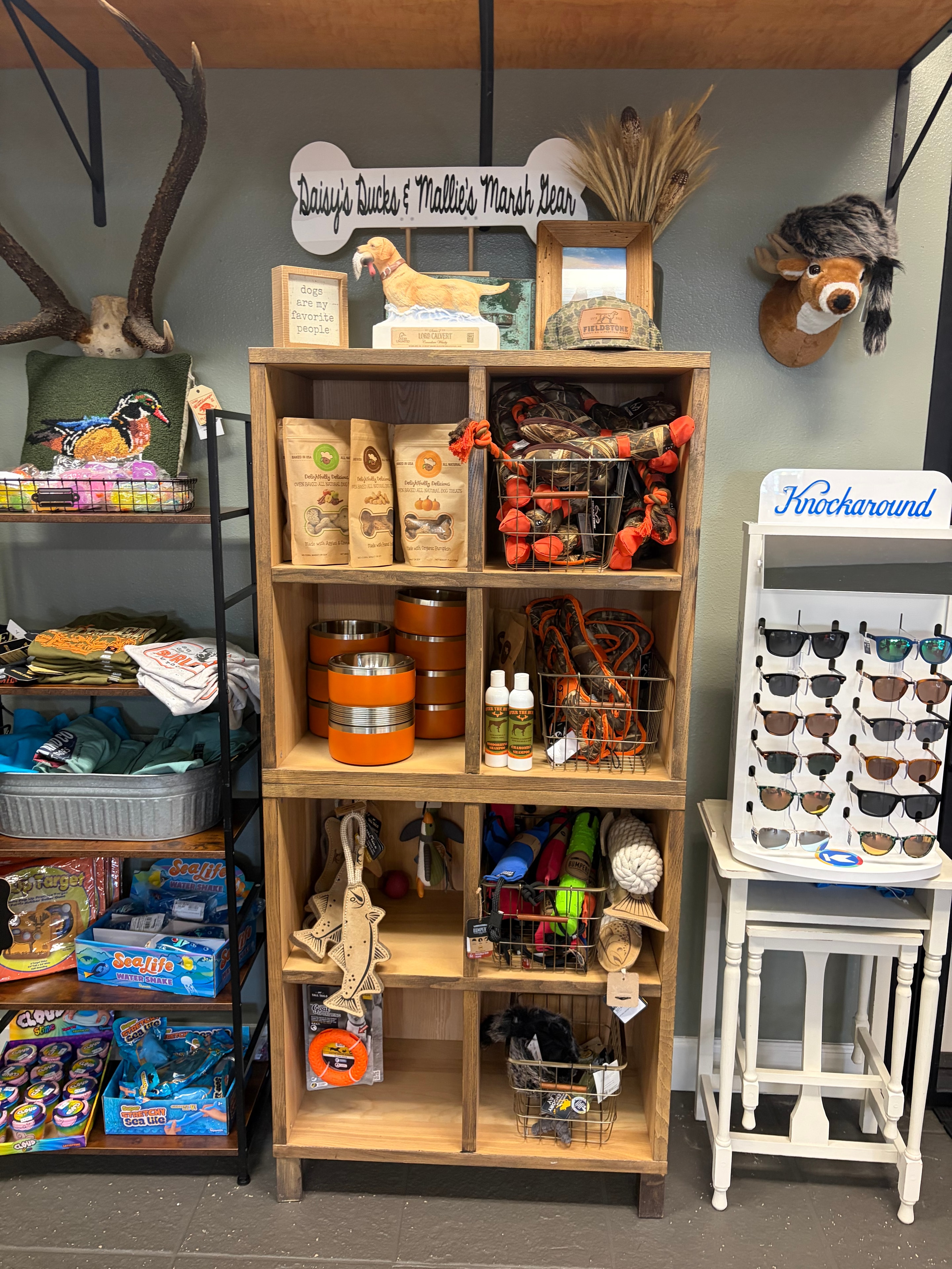 Pet supplies display with dog toys, treats and accessories at Crum and Co.