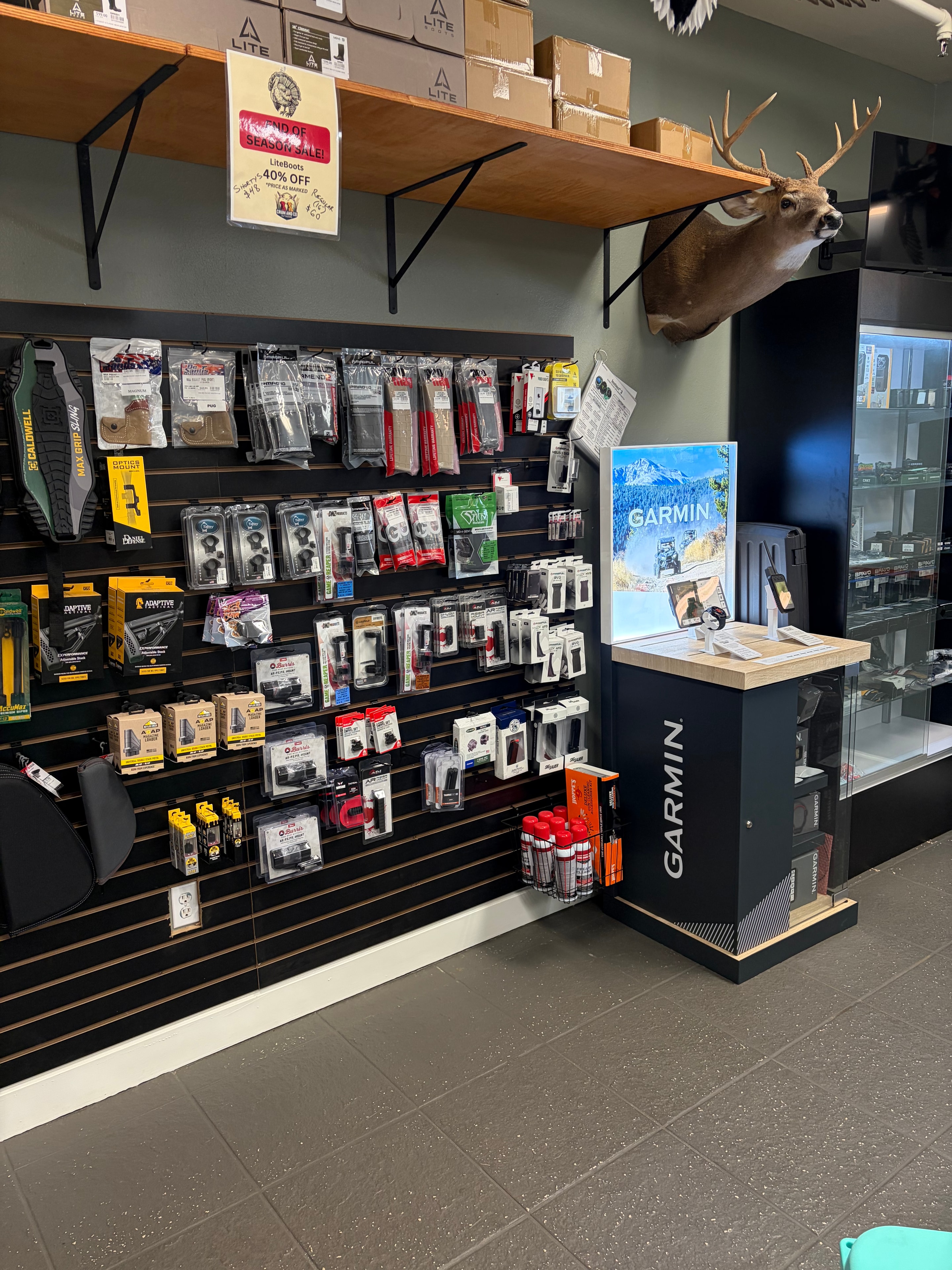 Shooting accessories and Garmin display at Crum and Co. Outdoors