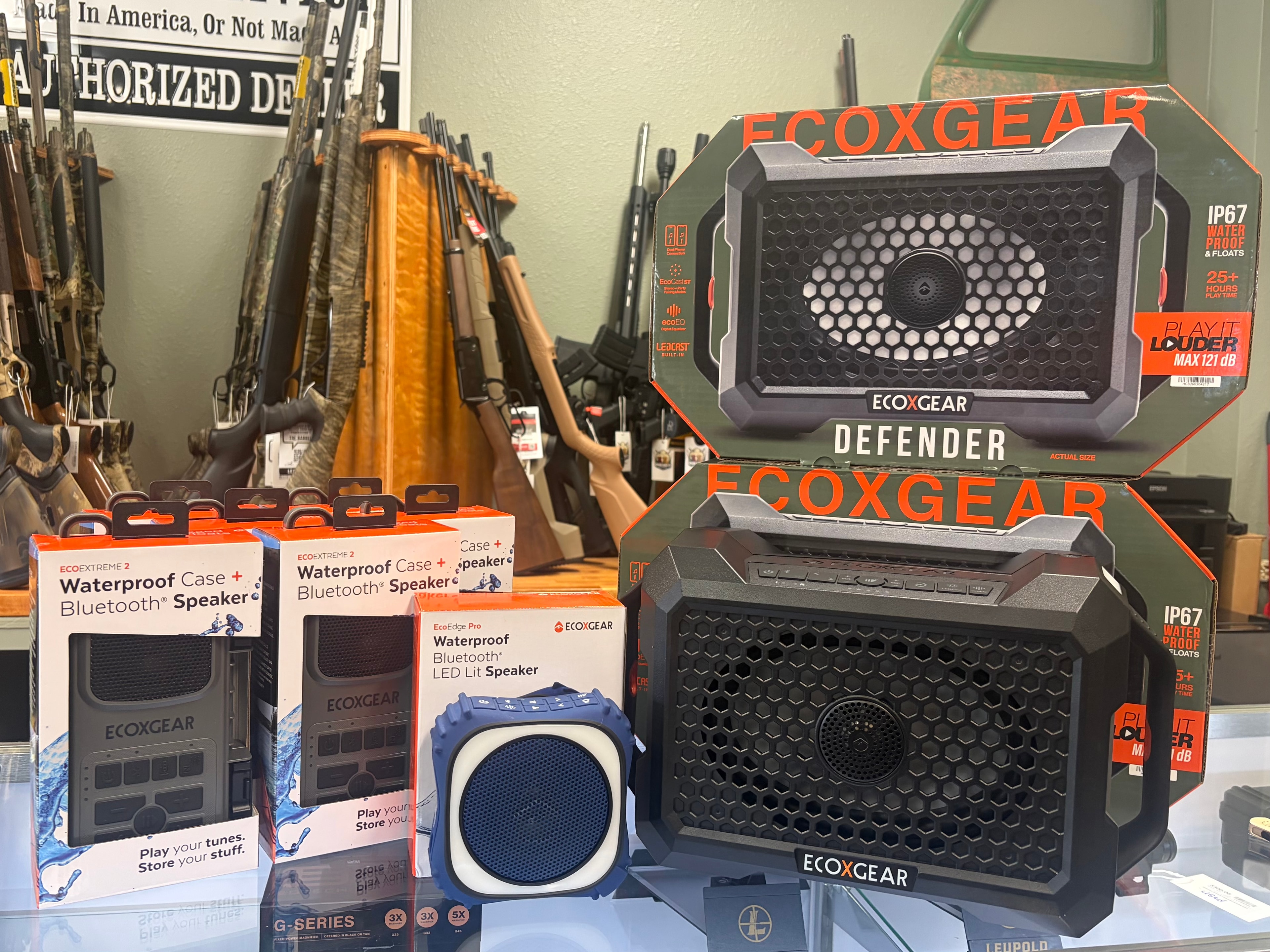 EcoXGear waterproof Bluetooth speakers on display at Crum and Co. Outdoors